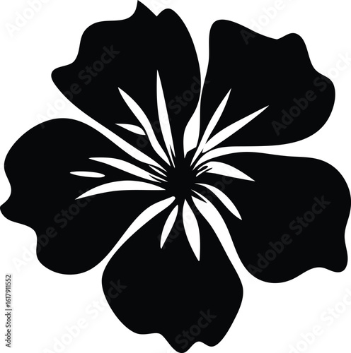 Elegant black silhouette of a five petaled flower with delicate white stamens radiating from the center