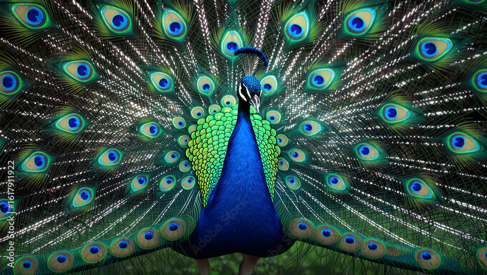 Obraz premium Stunning peacock displays vibrant fanned tail feathers, a mesmerizing spectacle of nature's artistry and beauty