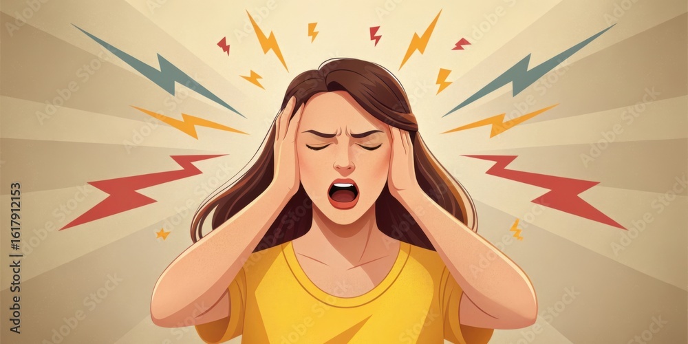 Woman screaming in distress with lightning bolts symbolizing stress isolated on white background Woman screaming in distress with lightning bolts symbolizing stress isolated on white background
