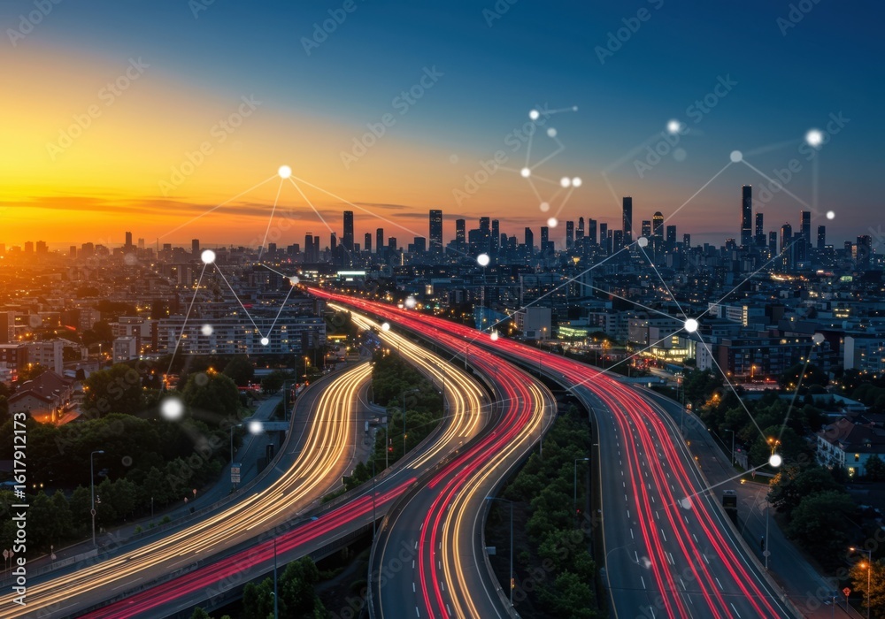 Fototapeta premium Vibrant cityscape at dusk with streaking headlights on a multi lane highway reflecting the golden hour sky