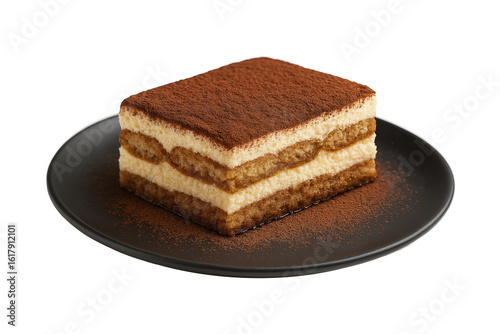 Classic Italian tiramisu dessert slice with cocoa powder on black plate isolated on transparent background, perfect for bakery menu, cafe promotion, or food photography