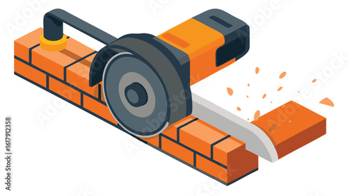 Isometric view of a brick saw cutting through a brick with sparks flying off of the material being cut