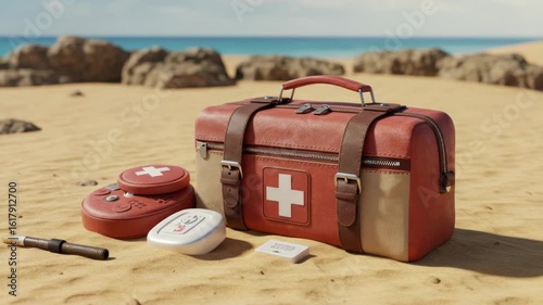 First aid kit on a sunny beach, emergency medical care kit, first aid assistance travel health