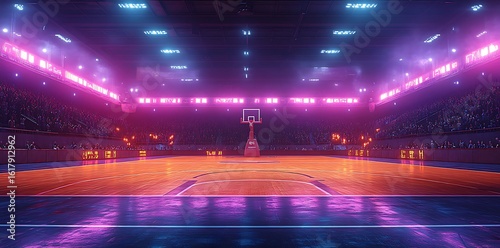 Empty basketball court with glowing pink and blue lights and spectators empty arena stadium