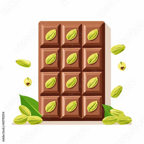 chocolate bar with pistachio nuts on a white background