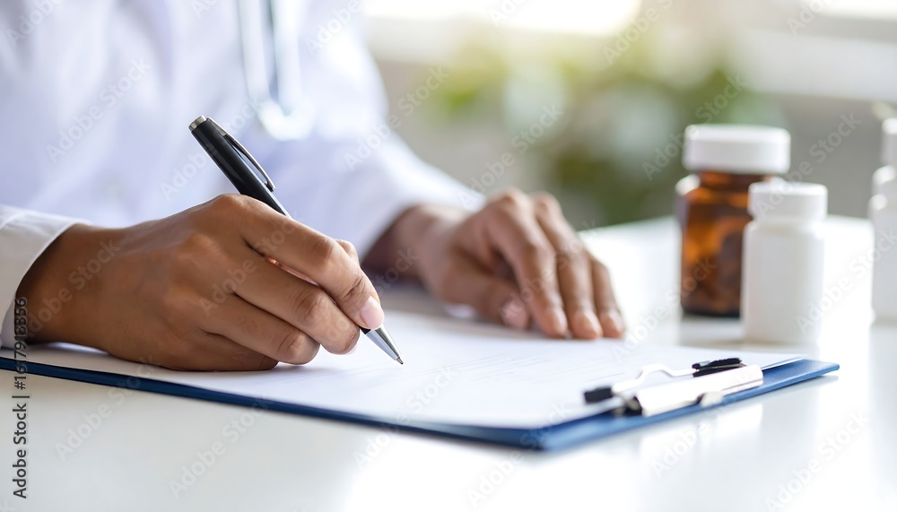 Fototapeta premium Doctor's Hand Writing Prescription with Pills in Background, Close-Up View