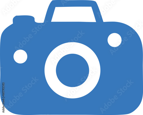 Simple blue camera icon with white lens and flash details representing photography and visual capture