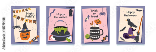 Set of Halloween greeting cards. Halloween posters with pumpkins, bat, potion, treats, hat and crow. Vector flat illustrations. 