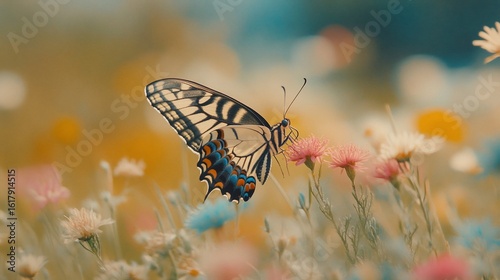 Vibrant butterfly resting on a field of pastel wildflowers in dreamy soft light
