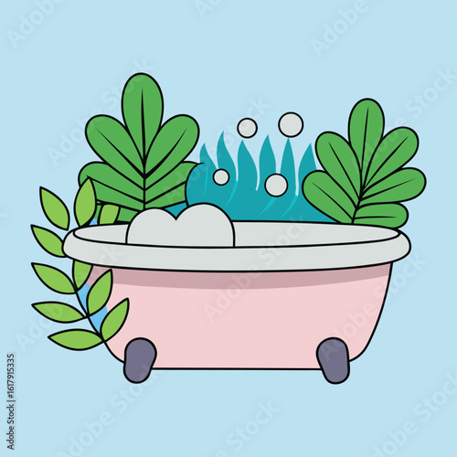 Pink bathtub with green leaves and blue water plants