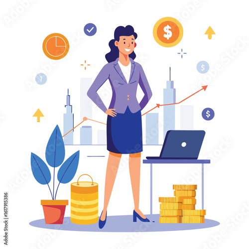 Confident Woman Boss Investing Money in Stocks, Financial Growth Concept, Female Investor with Laptop, Stock Market Trading, Businesswoman Wealth Management Vector Illustration