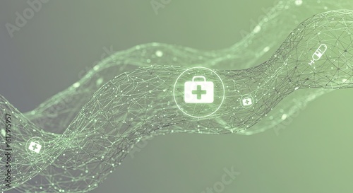 Green digital network with medical icons against a gradient background