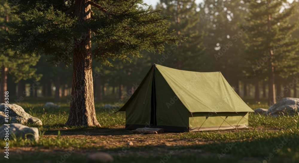 A green tent stands pitched in a sun-dappled forest clearing, surrounded by trees and rocks, suggesting a peaceful camping scene. A green tent stands pitched in a sun-dappled forest clearing, surrounded by trees and rocks, suggesting a peaceful camping scene.
