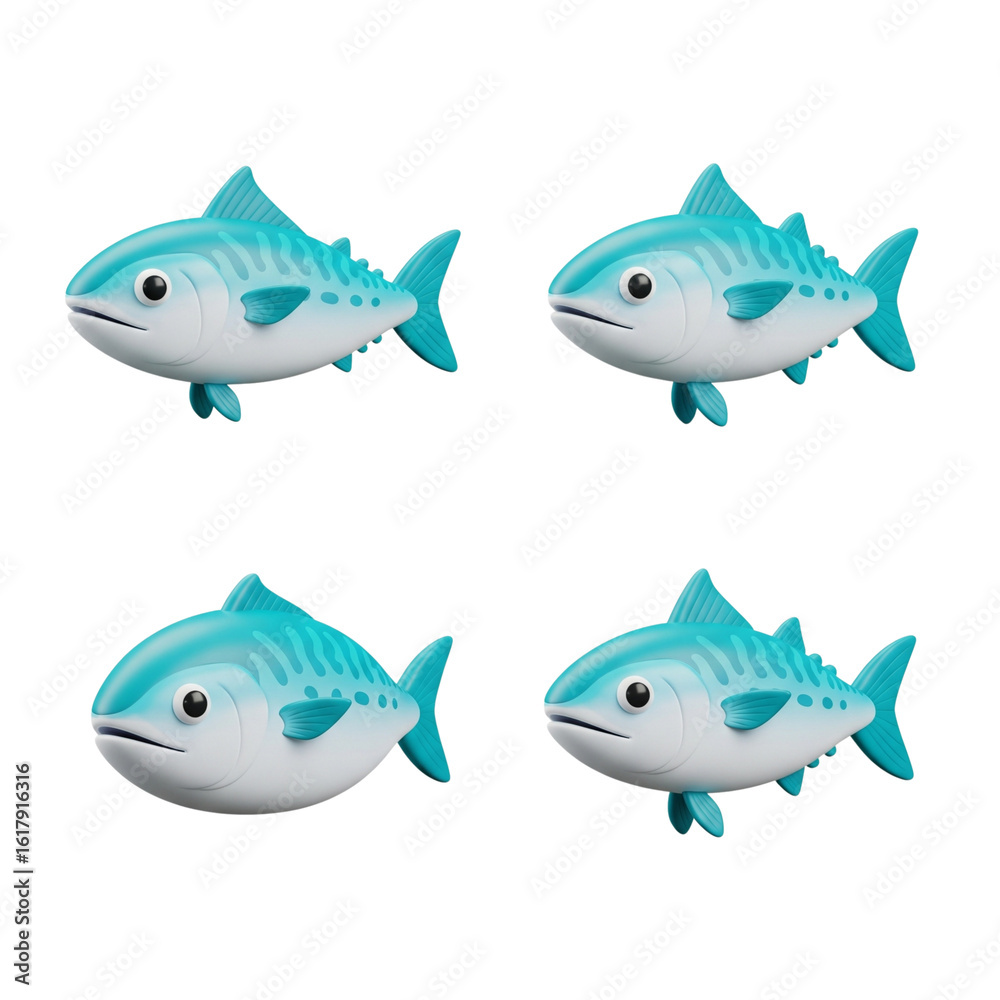 Fototapeta premium Four adorable teal fish shaped balloons on a white background