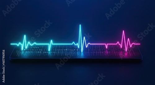 Neon EKG line in blue and pink over a dark background