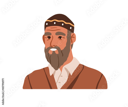 Elderly muslim man, head portrait. Bearded senior with gray hair, traditional cap. Mature old aged wrinkled character in hat, ethnic headwear. Flat vector illustration isolated on white background
