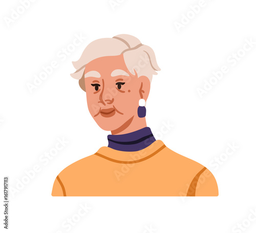 Senior woman portrait. Elegant elderly lady with gray short hair, earrings, m...