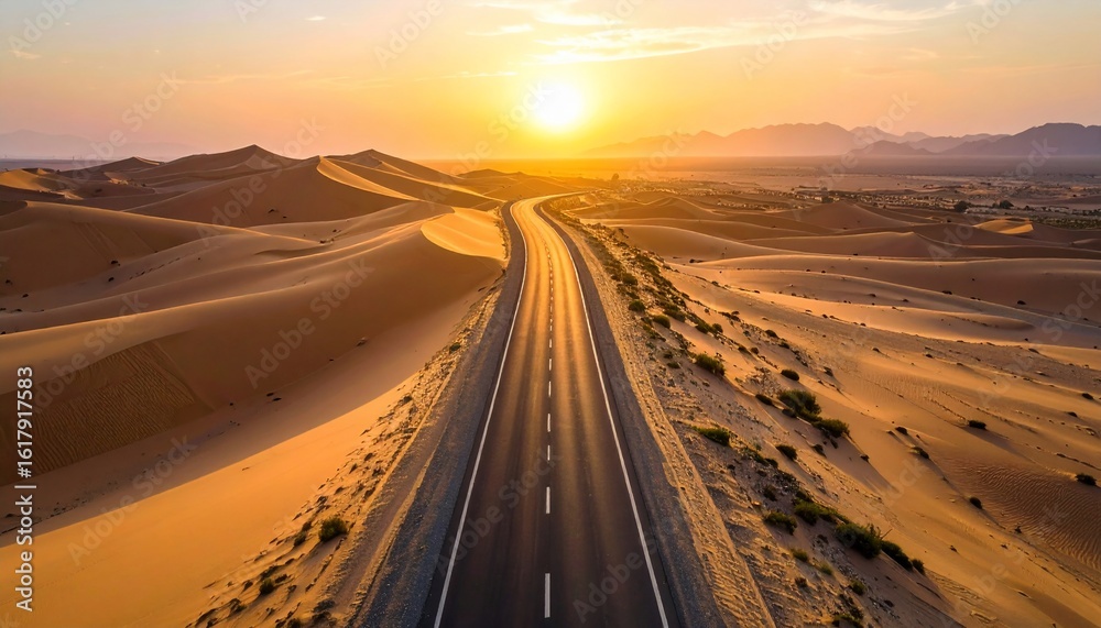 Fototapeta premium Desert Highway Sunset: An Aerial View of a Scenic Road Cutting Through Golden Sands at Dusk