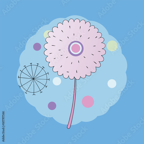 Pink dandelion puffball with scattered colorful circles