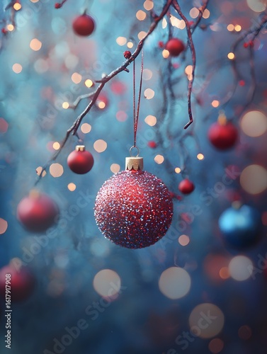 Photo of a Festive Christmas Tree Decorated with Red and Blue Baubles in Soft Lighting