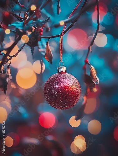 Photo of a Festive Christmas Tree Decorated with Red and Blue Baubles in Soft Lighting