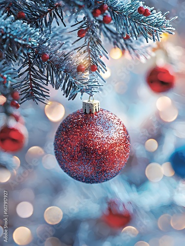 Photo of a Festive Christmas Tree Decorated with Red and Blue Baubles in Soft Lighting