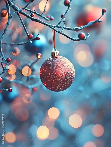 Photo of a Festive Christmas Tree Decorated with Red and Blue Baubles in Soft Lighting