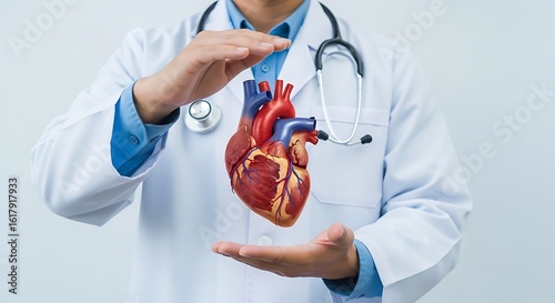 Doctor holding a realistic human heart with care and protection