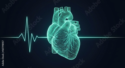 Wireframe heart with a blue neon ECG line