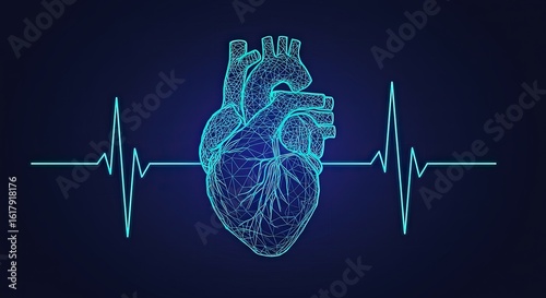 Wireframe heart with a neon blue electrocardiogram line