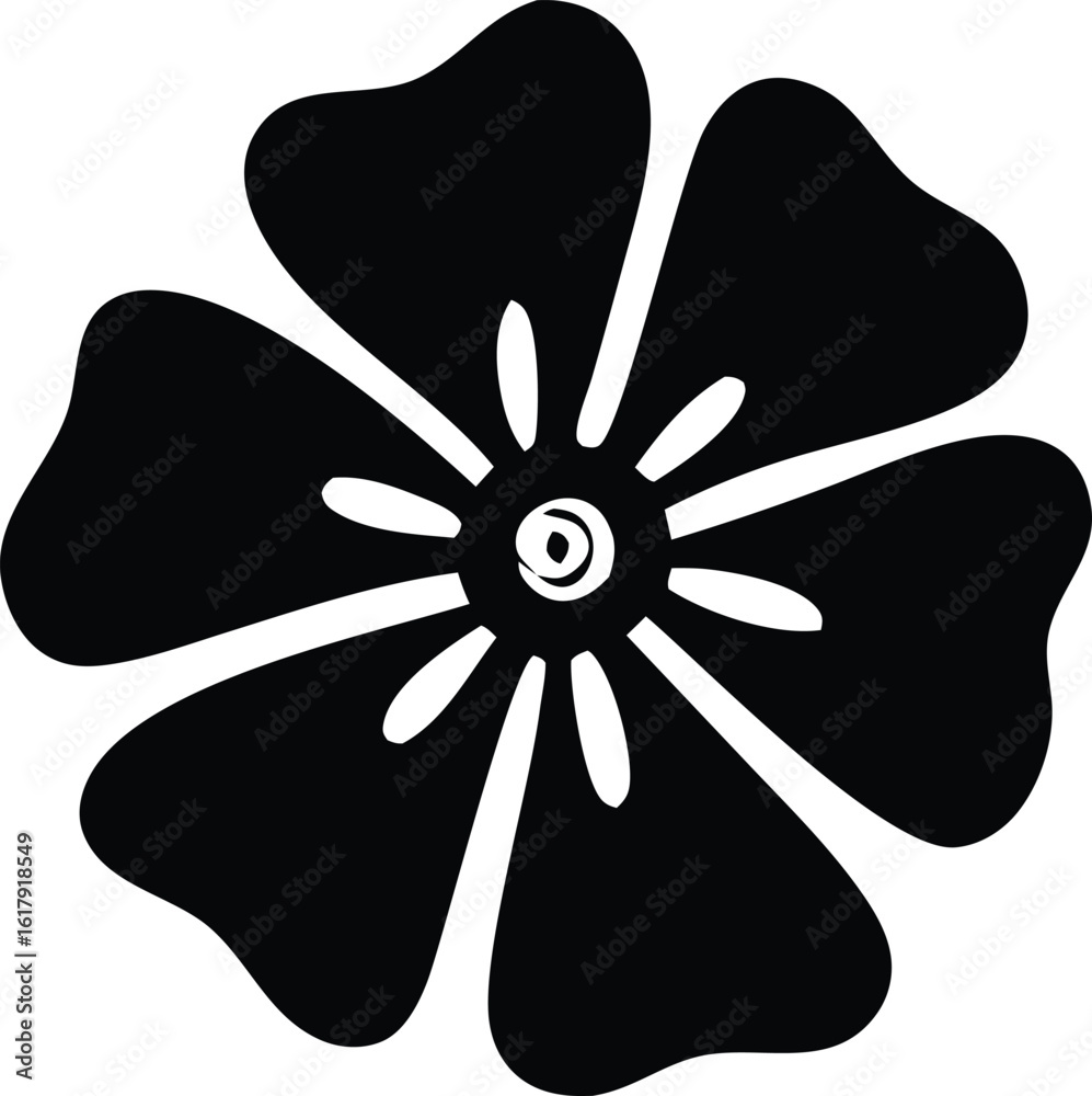 A striking black silhouette of a stylized flower with six broad petals and a detailed center evoking a classic botanical illustration A striking black silhouette of a stylized flower with six broad petals and a detailed center evoking a classic botanical illustration