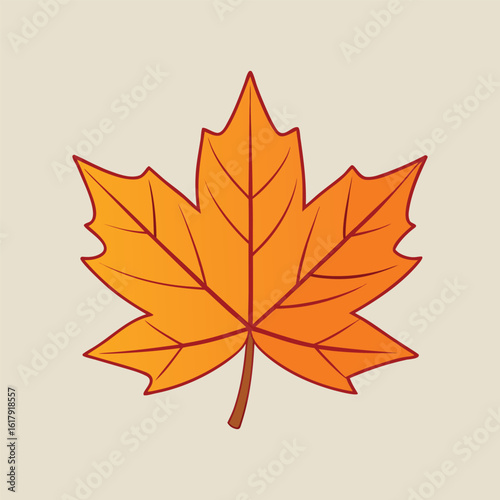 Orange maple leaf with red outline on beige background