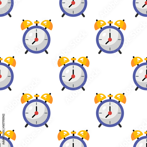 Blue alarm clock seamless pattern on white background. Cartoon style, flat textile design. Vector illustration of watch