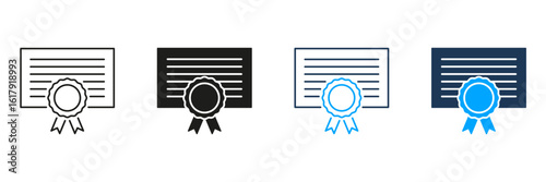 Certificate With Ribbon Line And Solid Icon Set. Achievement, Recognition, And Award Symbol Collection. Educational And Professional Certification Design. Isolated Vector Illustration