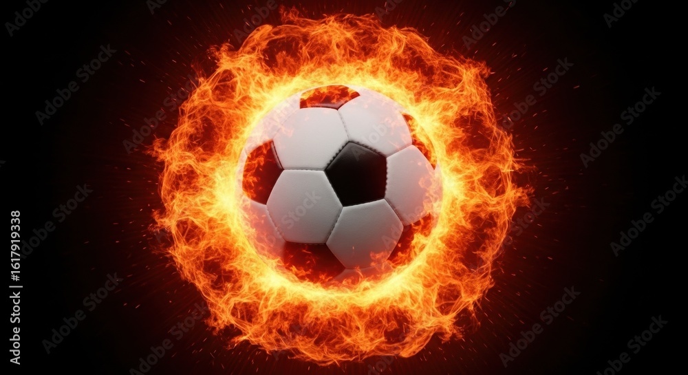 Naklejka premium Soccer ball engulfed in a fiery orange and red flame on a dark background, symbolizing intense passion, competition, and dynamic energy in sports.