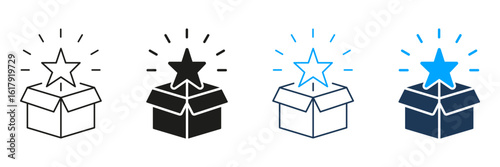 Open Box With Star Line And Solid Icon Set. Unboxing, Surprise, And New Product Launch Symbol Collection. Excitement And Discovery Concept. Isolated Vector Illustration