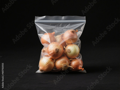 Raw Yellow Onions Sealed in a Transparent Plastic Bag on Black Surface