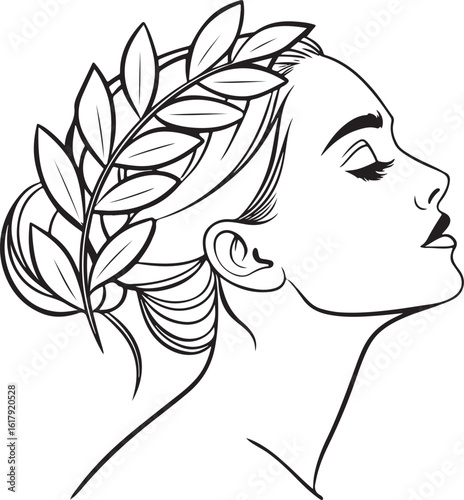 Elegant Woman Face Line Art with Leaves – Minimalist Black and White Botanical Portrait Illustration

