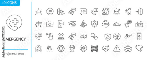 Emergency Icon Set: A comprehensive collection of 40 minimalistic line icons illustrating a range of emergency services and situations. 
