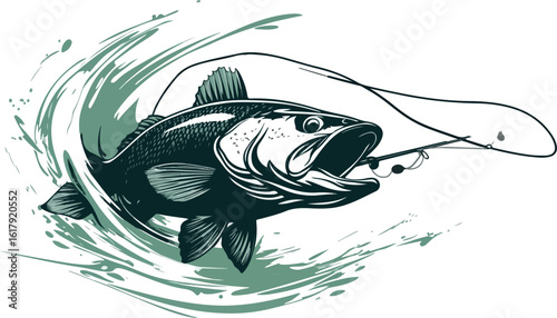 Bass fish jumping out of water with a fishing hook illustration