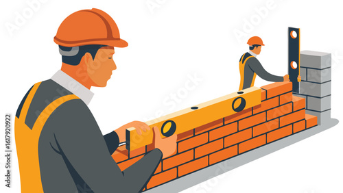 Two construction workers building a brick wall using a level and plumb bob for alignment and accuracy