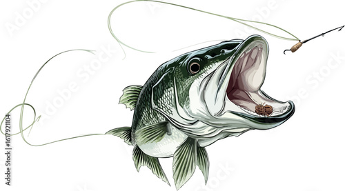 Largemouth Bass About to Strike a Fly Fishing Lure Illustration