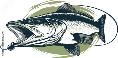 Detailed Snook Fish Illustration with Open Mouth and Green Background