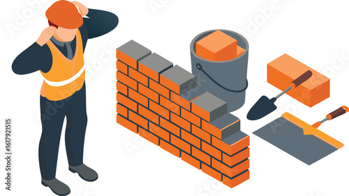 Isometric view of a construction worker with bricks, bucket, trowel and spade near a wall