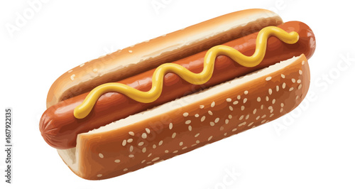 Classic hot dog in sesame bun with mustard topping, ideal for fast food, snack menus, street food designs, and casual dining themes