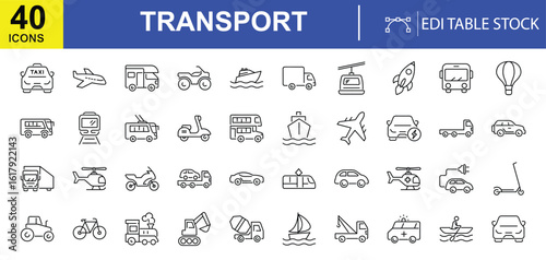 Transport Icons: A comprehensive collection of transportation icons, meticulously designed with clean lines and modern aesthetics, representing various modes of transport from air to sea.