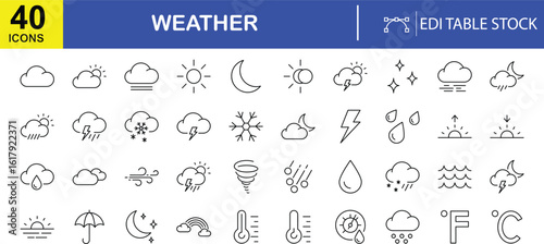Weather Icons: A collection of 40 detailed line art weather icons, providing a concise and easily editable visual resource for diverse design applications.