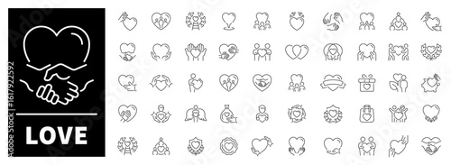 Linear icon set of 50 icons visualizes romantic and emotional concepts. Themes include hearts, couples, dating, gifts, and love symbols.