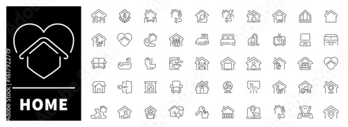Home-themed linear icon set of 50 illustrations. Includes architecture, interior elements, furniture, and family life concepts.