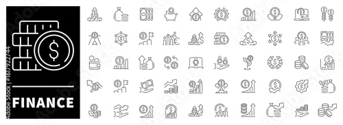 A linear icon set of 50 elements dedicated to financial topics. Includes symbols for banking, savings, investments, money transfer, and financial analytics.